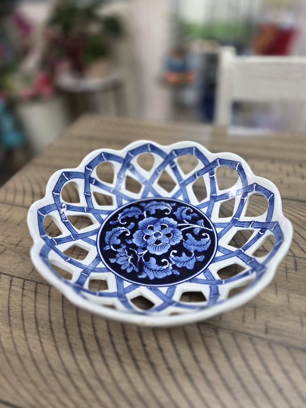 Blue and White Floral Lattice Ceramic Decorative Bowl